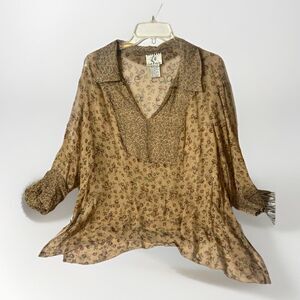 ICE Vintage Y2K Top  100% Silk Sheer Floral Nature Fairy Whimsigoth Artsy‎ 3XL